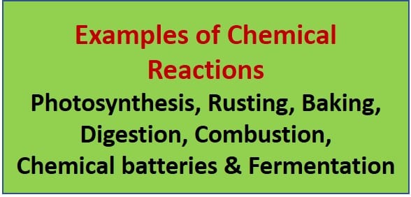 Following are daily life examples of chemical reactions: Baking, Digestion, combustion, chemical batteries, fermentation, and bleaching.