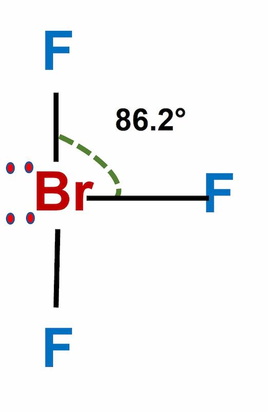 Bromine trifluoride (BrF3) is an interhalogen pale yellow liquid with a strong odor. BrF3 bond angle is 86.20 degrees. BrF3 has trigonal bipyramidal shape