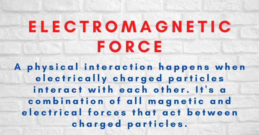 the electromagnetic force is a physical interaction between electrically charged particles when they approach each other. It is a combination of magnetic and electrical forces.