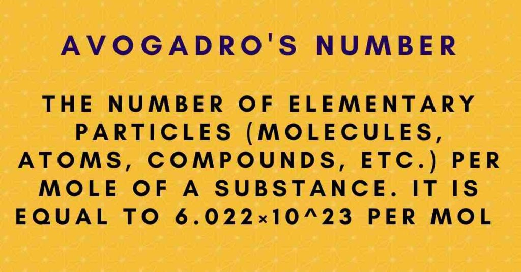 Avodadros number is the number of atoms per mol of a substance. It is equal to 6.022 into 10 power 23 per mol