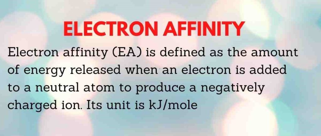 Definition of electron affinity refers to the change in energy of a neutral atom when one electron is added to it to create a negative ion.