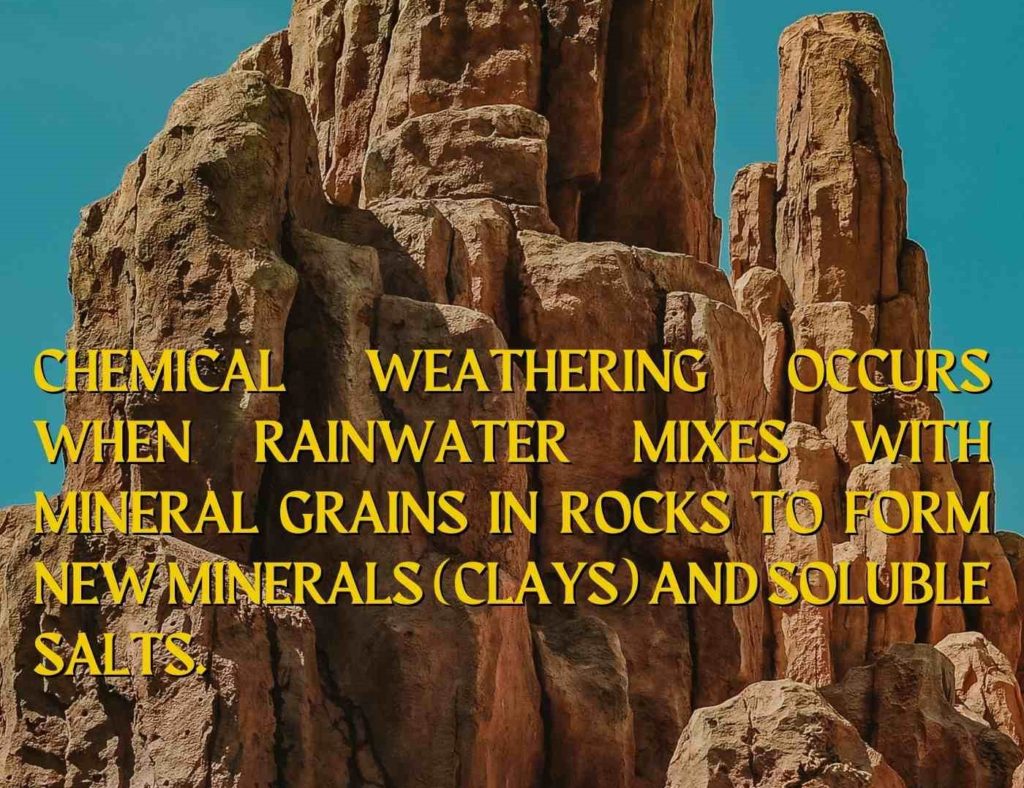 Chemical weathering occurs when rainwater mixes with mineral grains in rocks to form new minerals (clays) and soluble salts.