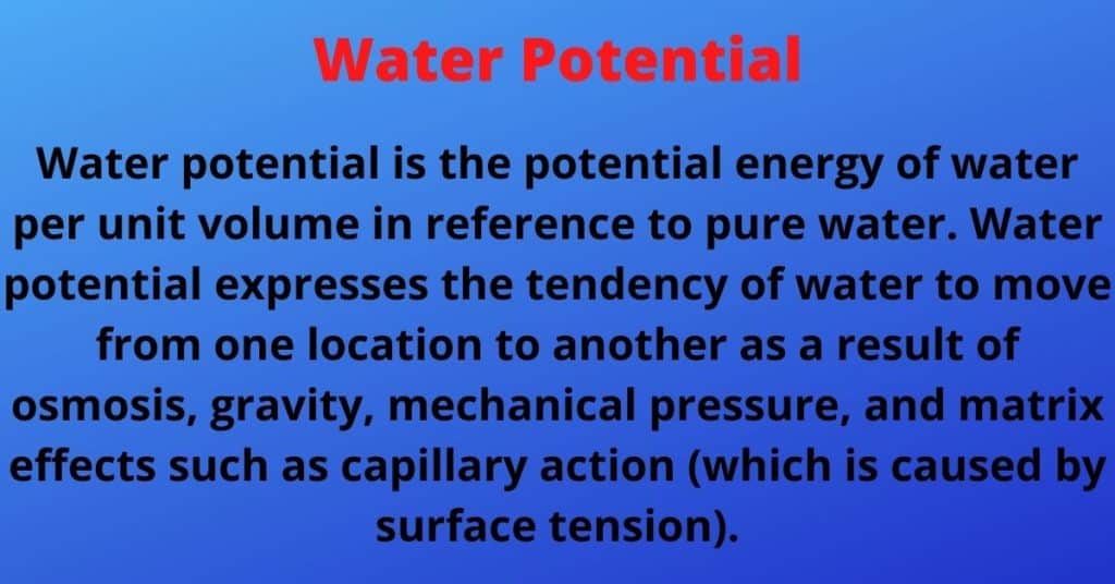 Water potential is the potential energy of water per unit volume in reference to pure water.