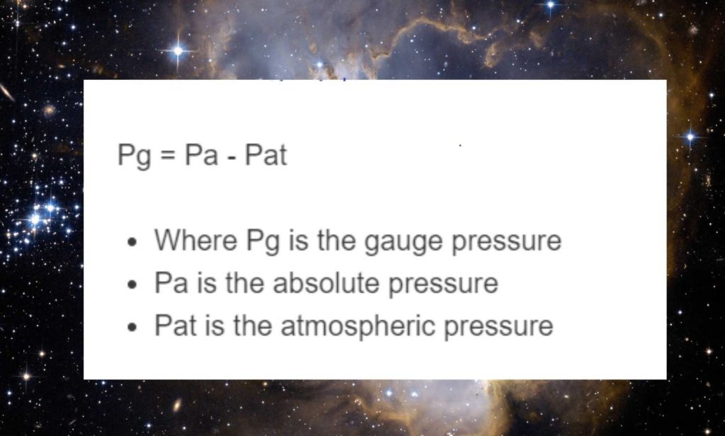 gauge pressure equals absolute pressure less atmospheric (ambient) pressure. Gauge pressure, also known as overpressure