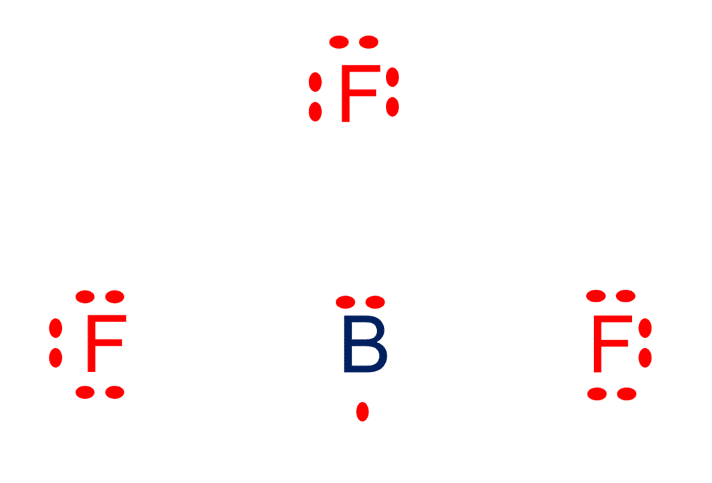 In BF3 dot structure, boron has 3 valence electrons and each fluorine has six valence electrons