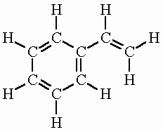 The molecular structure of styrene is an aromatic ring of 6 members with a vinyl group -CH=CH2 bond to the position carbon.