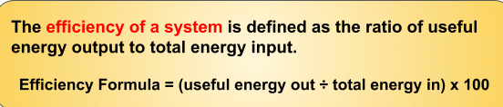 The efficiency of a system is defined as the ratio of useful energy output to total energy input. what is efficiency formula in terms of energy