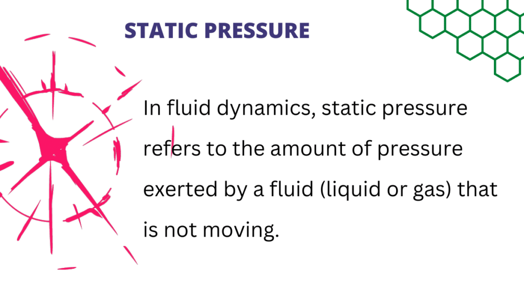 In fluid dynamics, static pressure refers to the amount of pressure exerted by a fluid (liquid or gas) that is not moving.