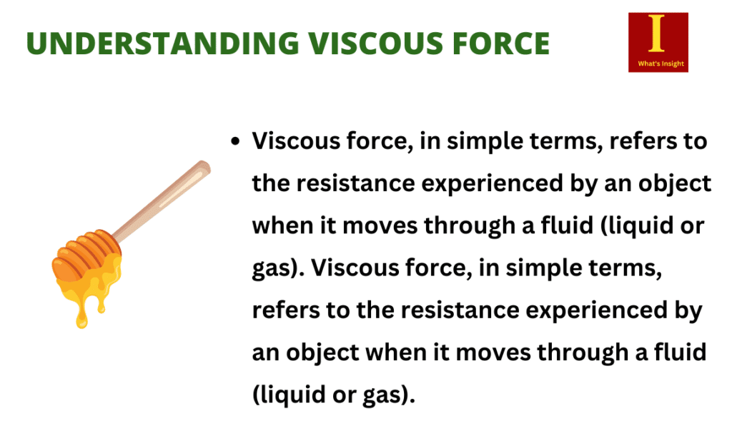 Viscous force, in simple terms, refers to the resistance experienced by an object when it moves through a fluid (liquid or gas). 