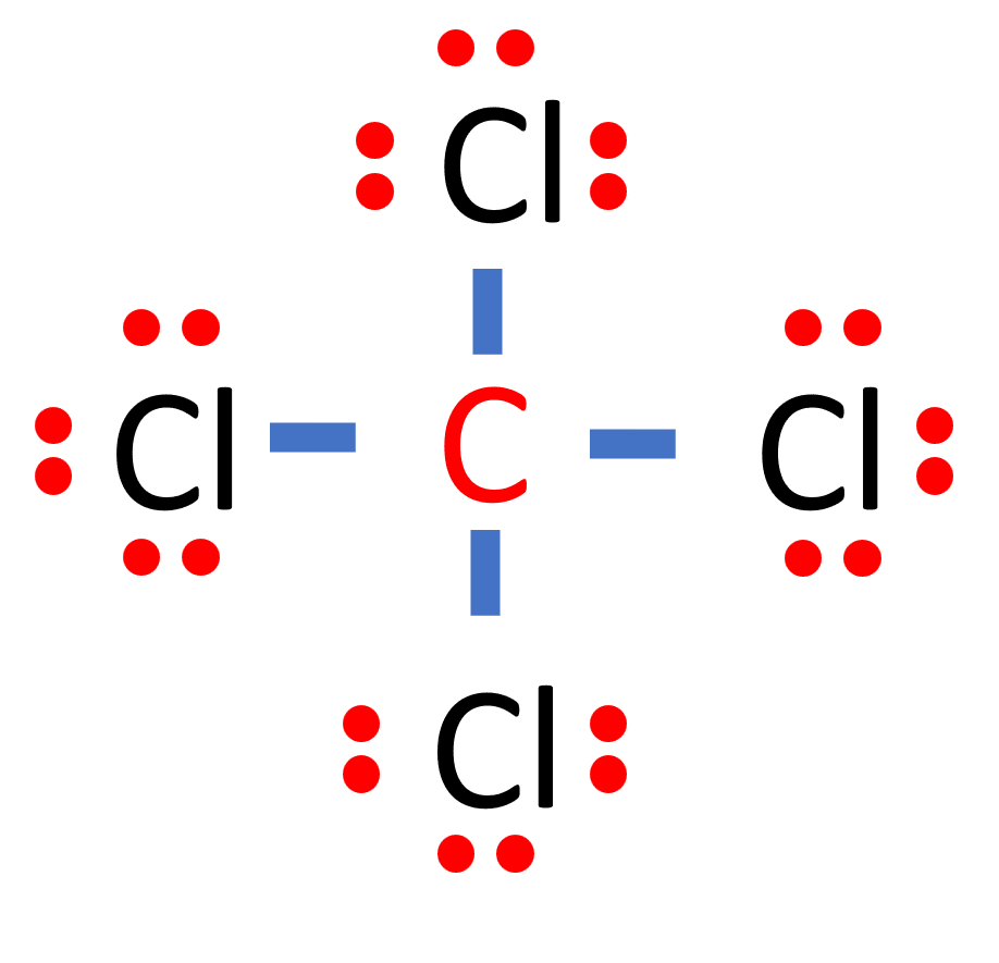 lewis structure of CCl4, one carbon atom surrounded by four chlorine atoms including valence electrons