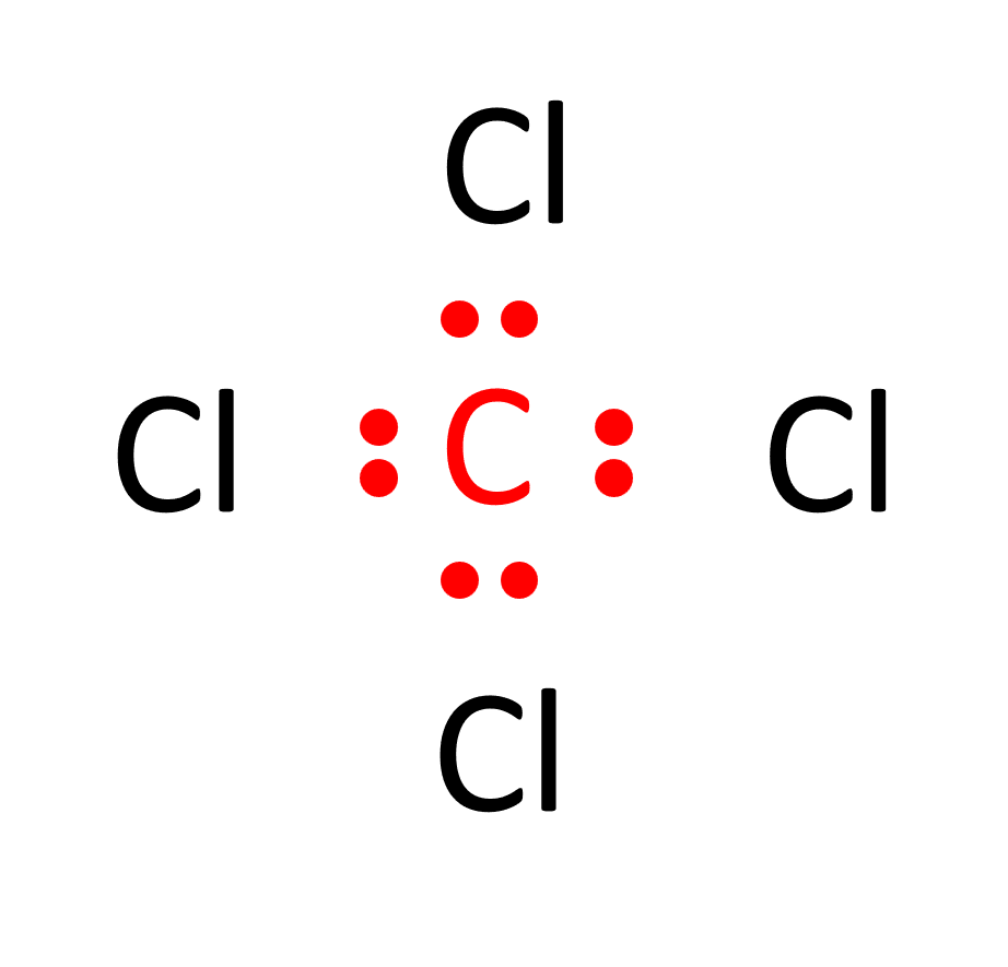 one carbon atom bonding to four chlorid atoms via electron pair bonds