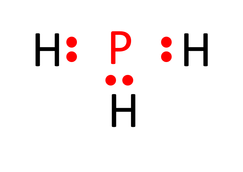 one phosphorus atom surrounded by three hydrogen atoms forming pair bonds