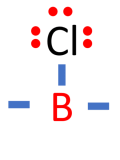 one boron atom surrounded by three chlorine atoms with stable bonds and fully distributed electrons