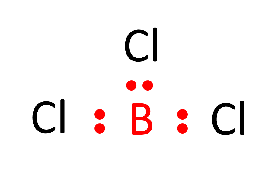 one boron atom surrounded by three chlorine atoms with single electron bonds