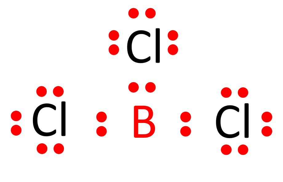 one boron atom surrounded by three chlorine atoms with full octets of electrons